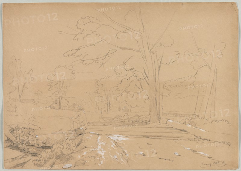Landscape with Man Fishing, Conway, New Hampshire, 1851. Creator: David Johnson (American, 1827-1908).