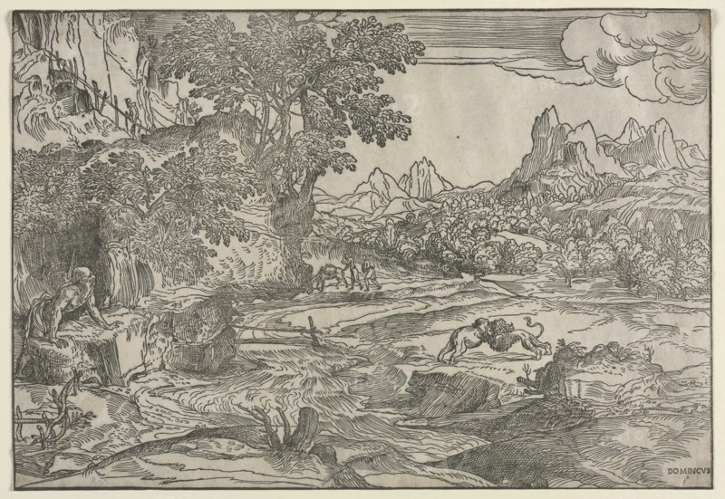 Landscape with Saint Jerome and Two Lions, c. 1530-35. Creator: Domenico Campagnola (Italian, 1500-1564).