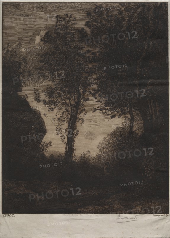Landscape: Sunset, after Corot, c. 1858. Creator: Félix Bracquemond (French, 1833-1914); August Delâtre.