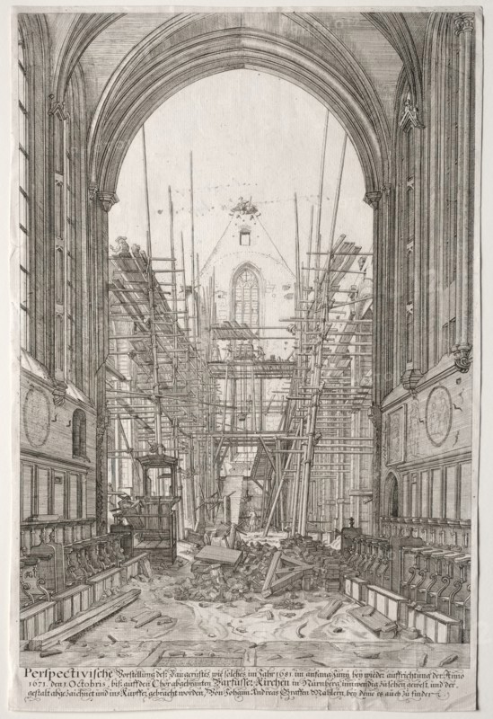 LArt Ancien Zurich: View in the Church of the Franciscans, Barfüsser-Kirke, 1681. Creator: Johan Ulrich Krauss (German, 1655-1719).