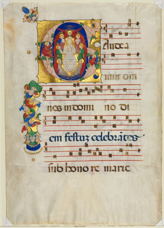 Leaf from a Gradual with Historiated Initial (G): Mary as Queen of Heaven, c. 1425-1450. Creator: Unknown.