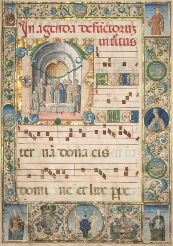Leaf from a Gradual: Initial (R) with Mass for the Dead (recto), c. 1480. Creator: Jacopo Filippo d' Argenta (Italian, 1501).