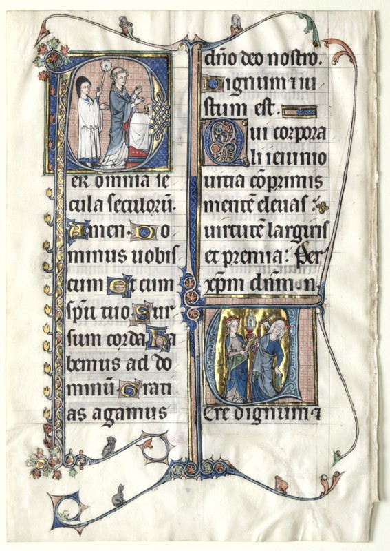Leaf from a Missal with Two Historiated Initials: Initial P[er omnia saecula saeculorum]..., c. 1300 Creator: Unknown.