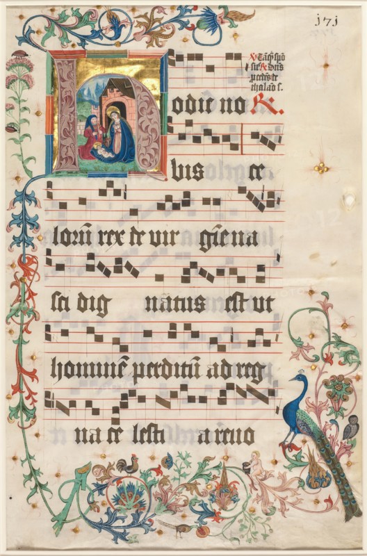 Leaf from an Antiphonary: Initial H with the Nativity (recto), c. 1480. Creator: Unknown.