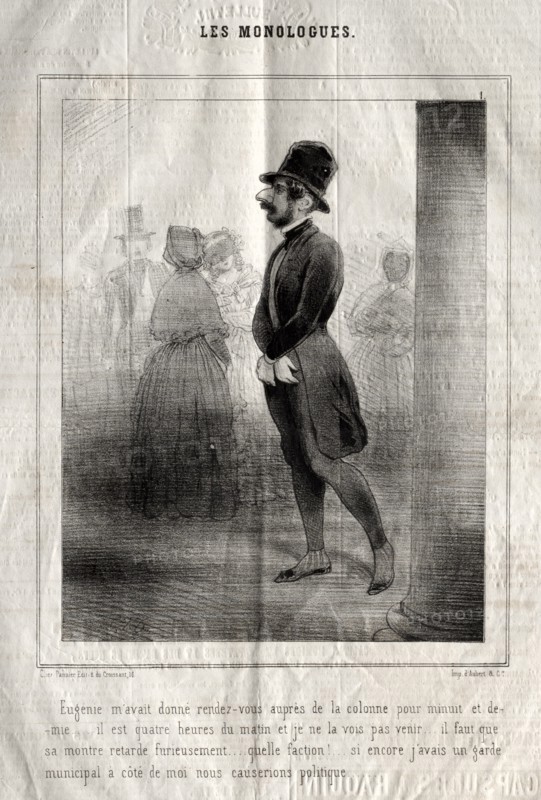 Les Monologues: Eugénie mavait donné rendez-vous auprès de la colonne pour minuit et demie.... Creator: Charles Joseph Traviès de Villers (French, 1804-1859).