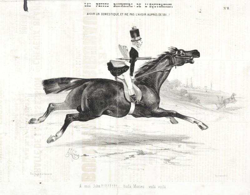 Les petits bonheurs de léquitation: Avoir un domestique, et ne pas lavoir auprès de soi..., 1842. Creator: Alade Joseph Lorentz (French, 1813-after 1858).