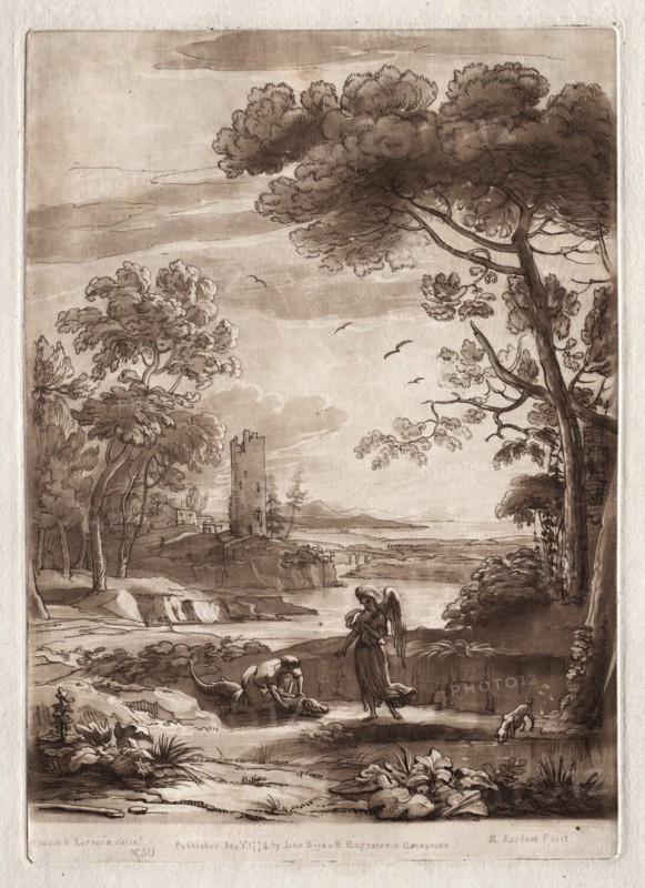 Liber Veritatis: No. 50, A River Scene with Tobias and the Angel, 1774. Creator: Richard Earlom (British, 1743-1822).