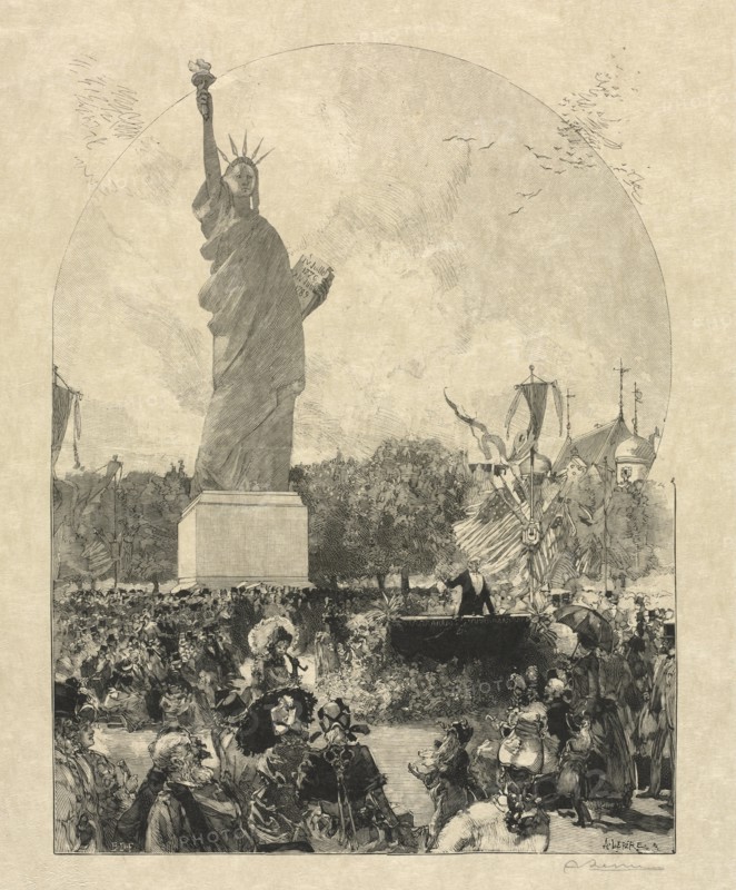 Liberty Enlightening the World, Offered to the City of Paris by the Americans, 1885. Creator: Publiished in Le Monde Illustre, May 30, 1885; Tony Beltrand (French, 1847-1902); Eugène Dété (French), and ; Frédéric Florian (Swiss, 1858-1926).
