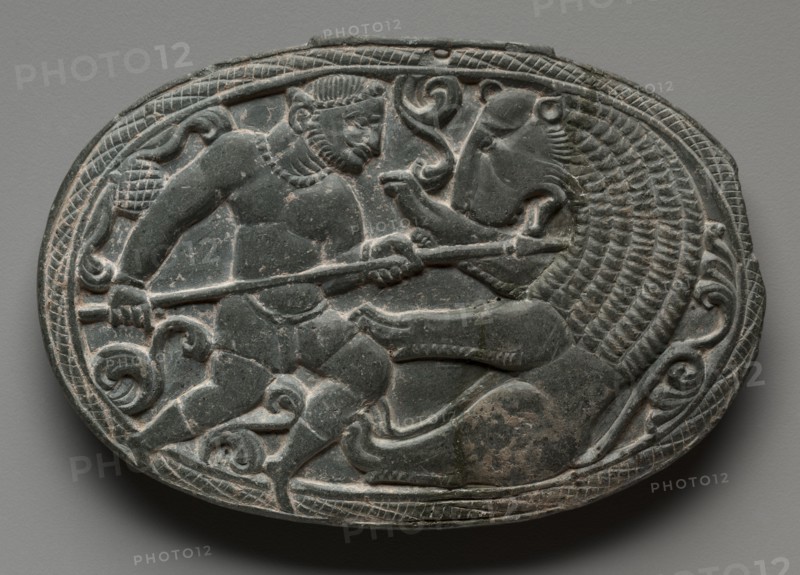 Lid with Combat between a Man and a Lion, c. 200s-300s. Creator: Unknown.