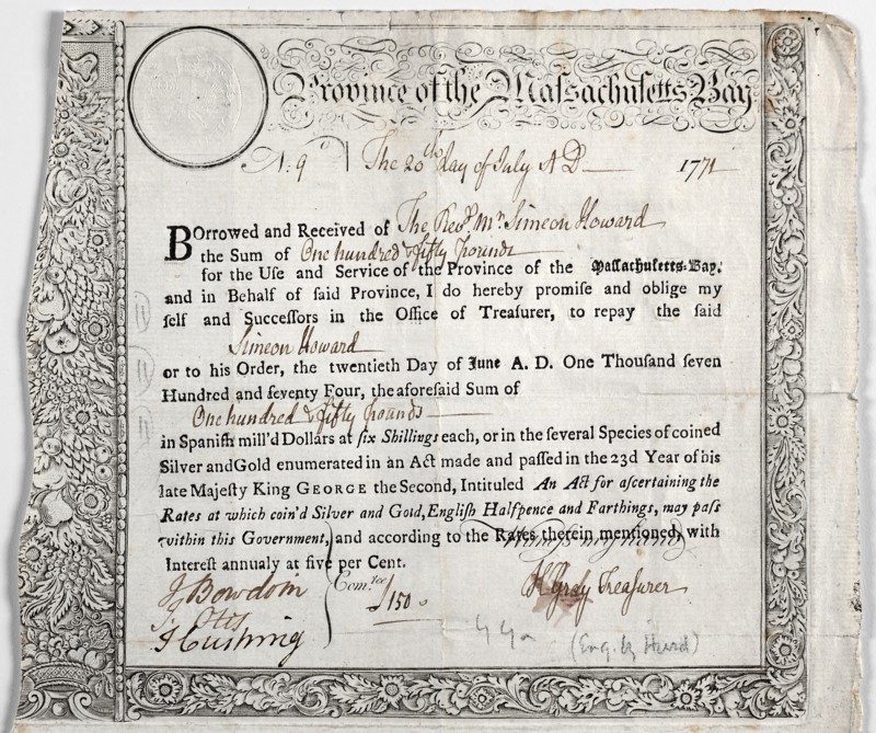 Loan Certificate. Creator: Nathaniel Hurd (American, 1730-1778).