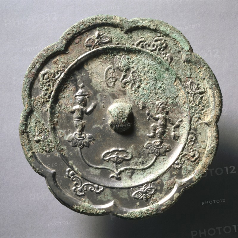 Lobed Mirror with Acrobats on Lotus Blossoms, early 7th Century - early 10th Century. Creator: Unknown.