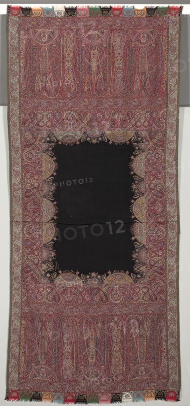 Long Shawl with Black Center and Exotic Four-Sided Gallery in Chinoiserie Style, 1840s. Creator: Unknown.