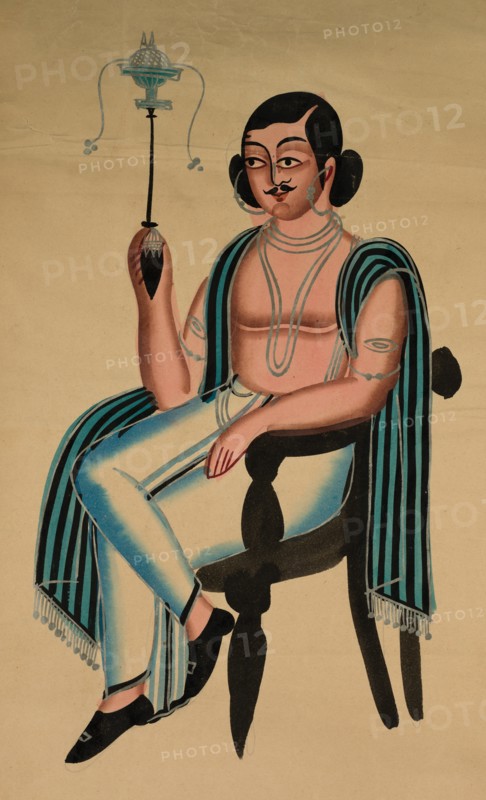 Man Seated in a European Chair Smoking a Margila Pipe, c. 1880. Creator: Unknown.