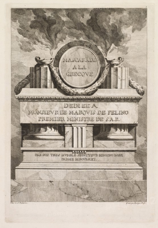 Mascarade à la Grecque: Dedication Page, 1771. Creator: Benigno Bossi (Italian, 1727-1792).
