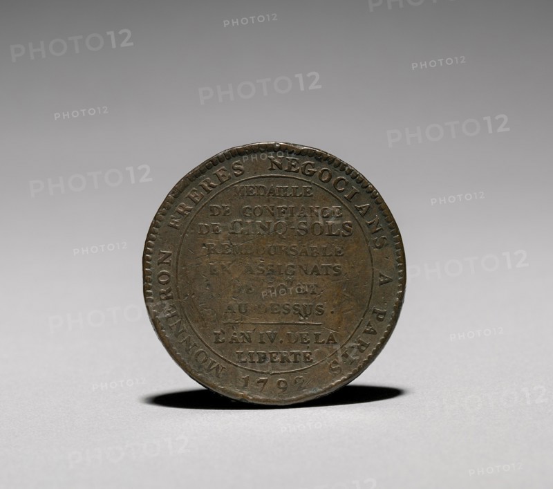 Medal: Five Sols issued by Monneron Brothers, Paris, 1792 (reverse). Creator: Jules Dupré (French, 1811-1889).