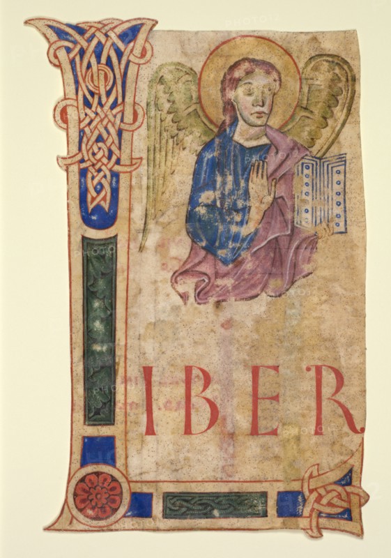 Miniature Excised from a Gospel Book: The Symbol of St. Matthew (recto) and Canon Tables (verso). Creator: Unknown.
