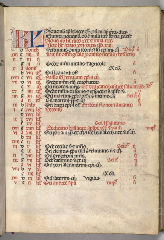 Missale: Fol. 8r: November Calendar Page, 1469. Creator: Bartolommeo Caporali (Italian, c. 1420-1503).
