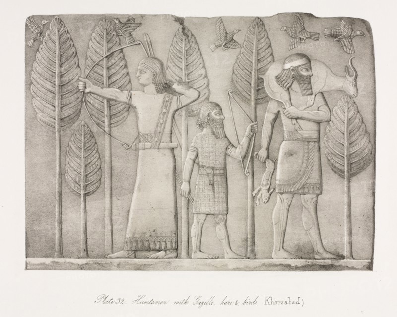Monuments of Ninevah: Plate 32, Huntsmen with Gazelle, Hare and Birds (Khorsabad), 1853. Creator: Austen Henry Layard (British, 1817-1894).