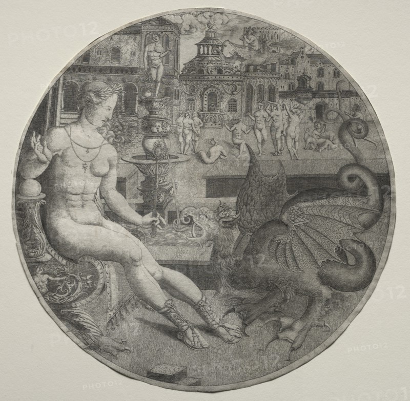 Naked Woman and a Dragon, 1523. Creator: Allaert Claesz (Netherlandish, fl. 1508-1534).