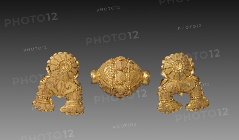Necklace Bead and Pair of Pendants in the Shape of an Auspicious Symbol, c. 150 BC. Creator: Unknown.