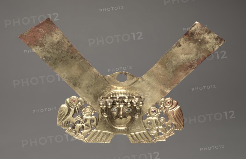 Nose Ornament with Human Head and Condors Attacking Humans, c. 100-300. Creator: Unknown.