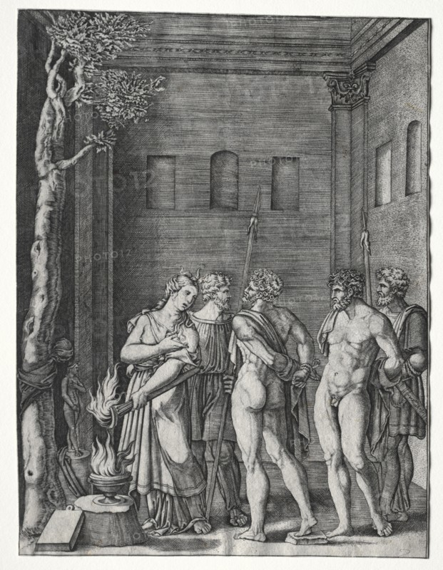 Orestes and Pylades brought to Iphigenia for Sacrifice, 1514/1536. Creator: Agostino Musi (Italian, 1490-1540).