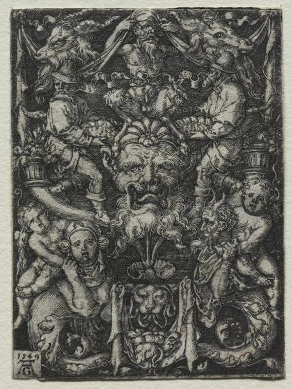Ornament Design with a Mask, A Couple of Tritons, and Two Children Below, 1549. Creator: Heinrich Aldegrever (German, 1502-1555/61).