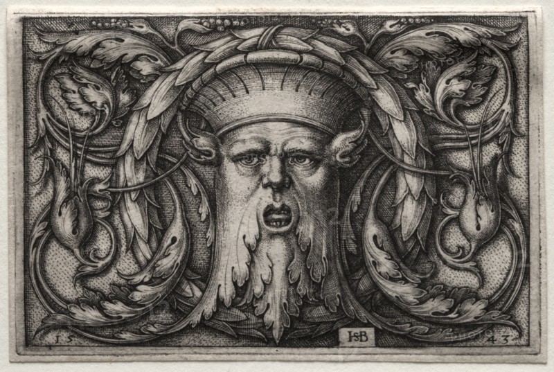 Ornament of Satyr's Head and Wreath, 1543. Creator: Hans Sebald Beham (German, 1500-1550).