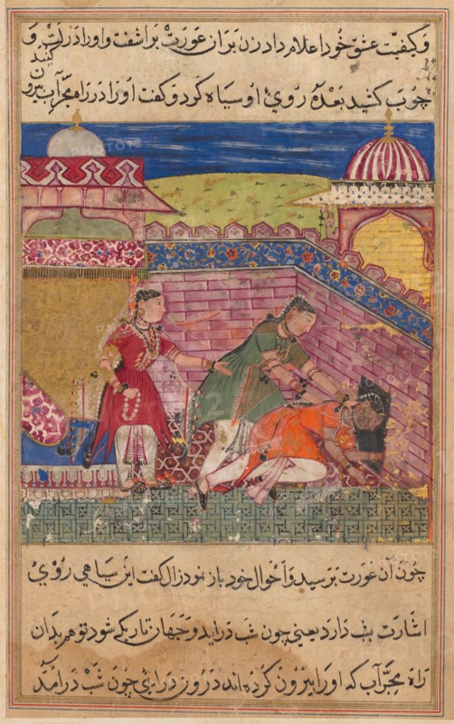 Page from Tales of a Parrot (Tuti-nama): Eighth night: The deceitful wife ejects..., 1558-1560. Creator: Shravana (Indian).