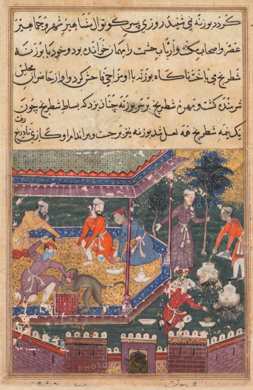 Page from Tales of a Parrot (Tuti-nama): Fifth night: The wounded monkey bites the hand?., c1560. Creator: Unknown.