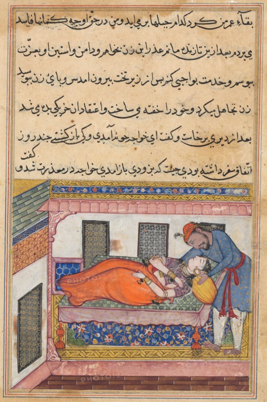 Page from Tales of a Parrot (Tuti-nama): Fortieth night: Shahr-Arai?s husband..., c. 1560. Creator: Unknown.