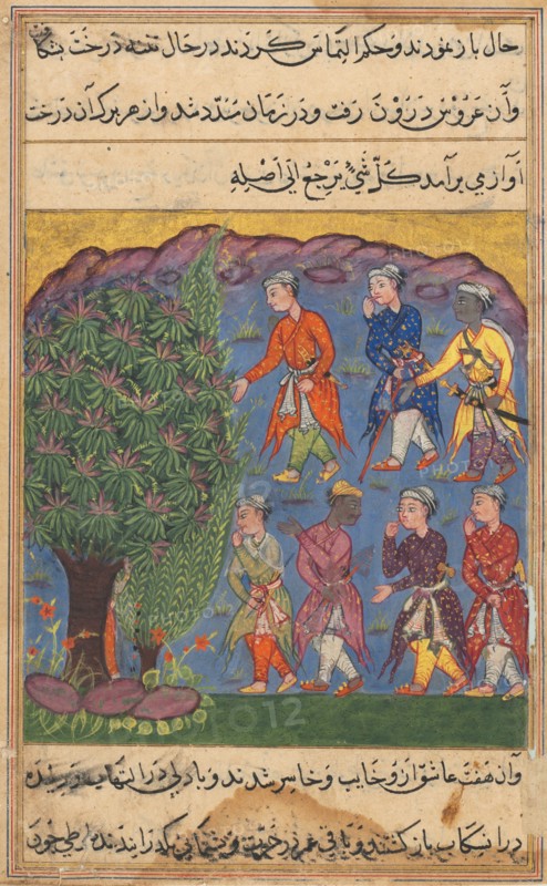 Page from Tales of a Parrot (Tuti-nama): Sixth night: Seven men disputing possession..., c. 1560. Creator: Unknown.