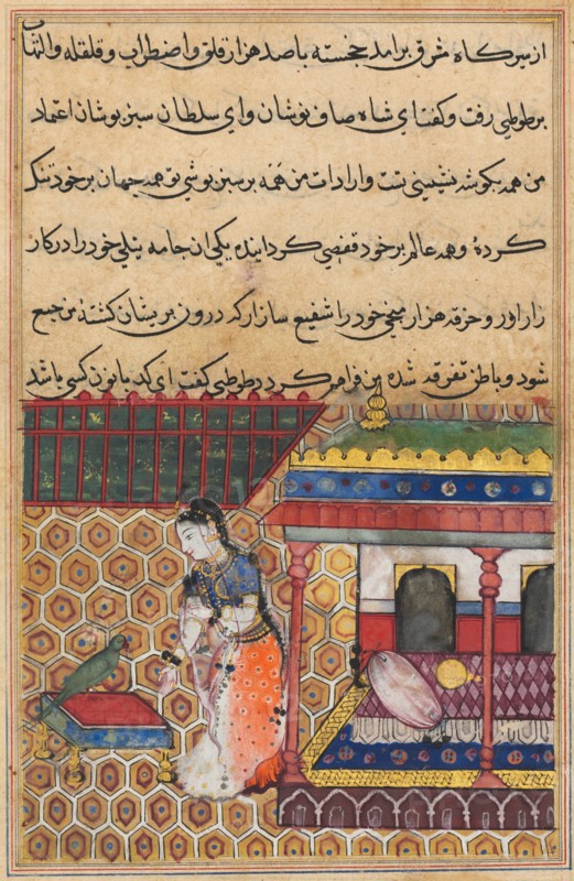Page from Tales of a Parrot (Tuti-nama): Thirty-eight night: The parrot addresses Khujasta?,c1560. Creator: Unknown.