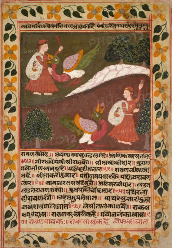 Page with Two Scenes of Sita's Abduction, from a Ramayana, c. 1745. Creator: Rikhaji (Indian).