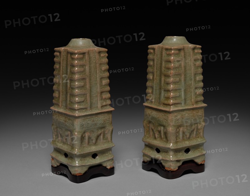 Pair of Vases in Shape of Cong: Southern Celadon Ware, 1271-1368. Creator: Unknown.