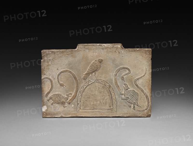 Panel from Model Cooking Stove: Raven Flanked by Snake-Entwined Tortoises, 1st Century BC. Creator: Unknown.