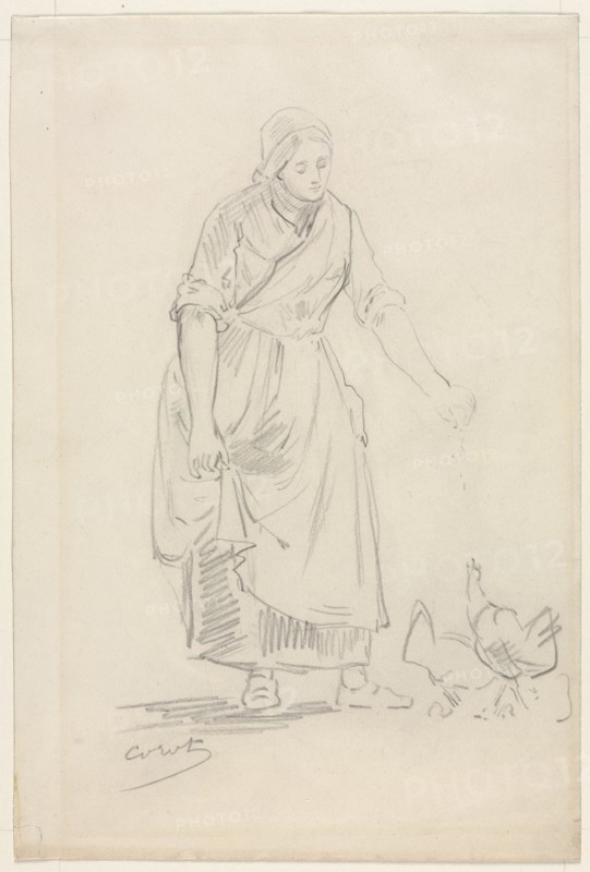 Peasant Girl Feeding Chickens, 1800s(?). Creator: Jean Baptiste Camille Corot (French, 1796-1875).