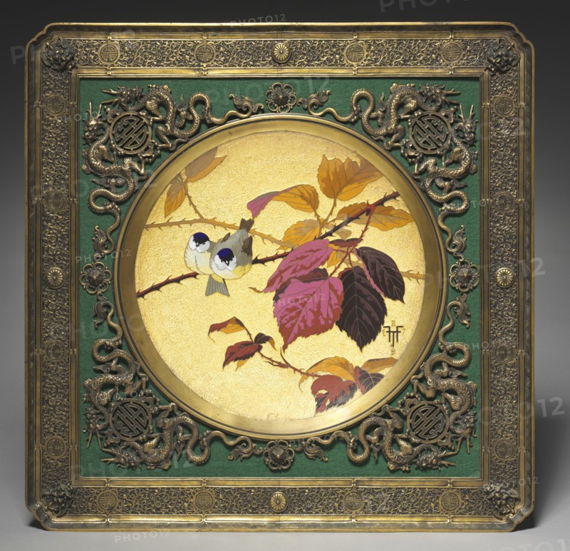 Plaque: Two Birds on a Thorny Bough, 1879. Creator: Fernand Thesmar (French, 1843-1912).