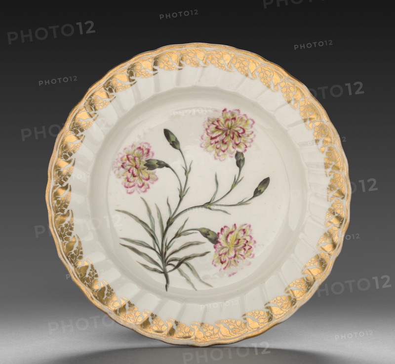 Plate from Dessert Service: Picatee Carnation, c. 1800. Creator: Derby (Crown Derby Period) (British).