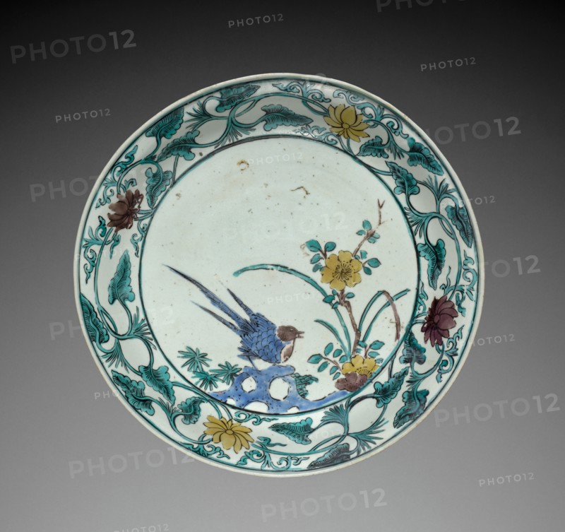 Plate with Bird and Flower: Kutani Ware, mid- to late 1600s. Creator: Unknown.