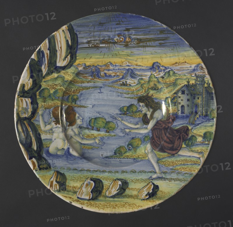 Plate: Diana and Acteon, 1522. Creator: Maestro Giorgio Andreoli (Italian, 1465-70-aft 1553).