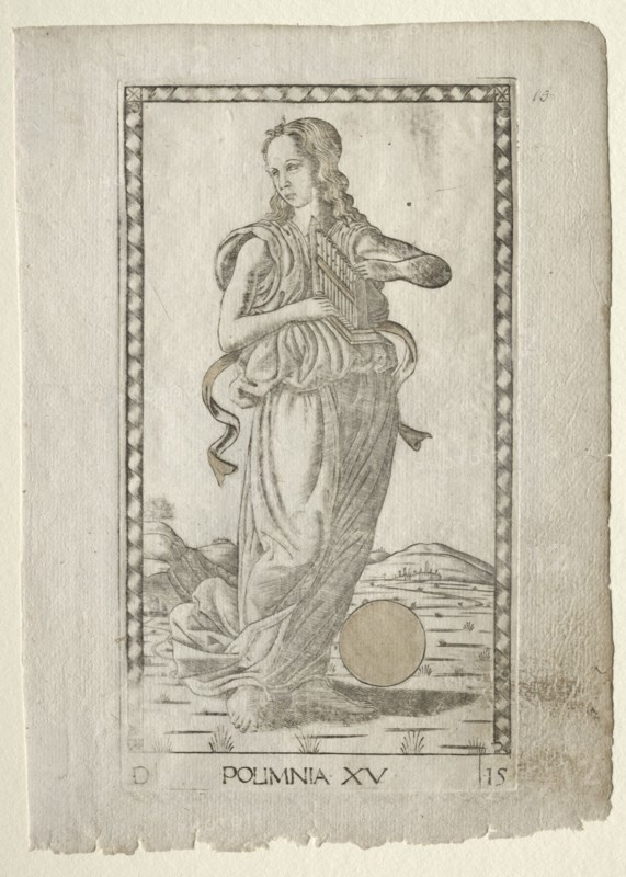 Polyhymnia (heroic hymns) (from the Tarocchi series D..., before 1467. Creator: Master of the E-Series Tarocchi (Italian, 15th century).
