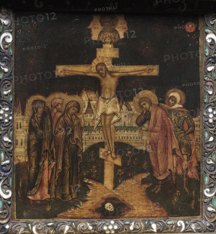 Portable Triptych Icon: The Crucifixion, 1600s. Creator: Unknown.