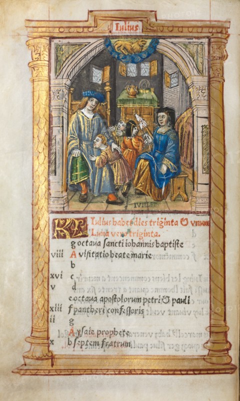 Printed Book of Hours (Use of Rome): fol. 8v, July calendar illustration, 1510. Creator: Guillaume Le Rouge (French, Paris, active 1493-1517).