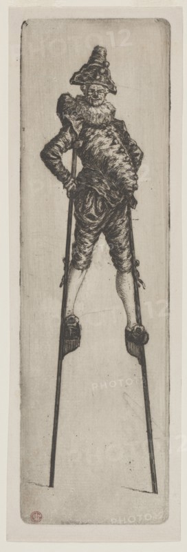 Punchinello on Stilts, c. 1888. Creator: Henri Charles Guérard (French, 1846-1897).