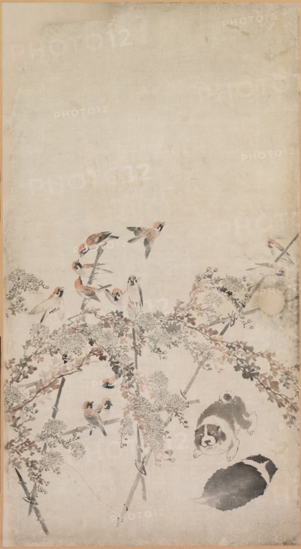 Puppies, Sparrows and Chrysanthemums, 1754-1799. Creator: Nagasawa Rosetsu (Japanese, 1754-1799).