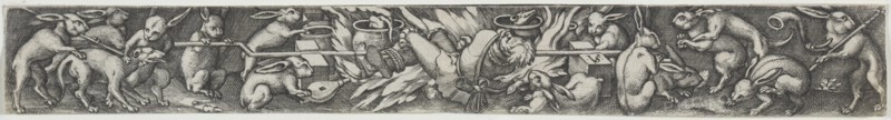 Rabbits Roasting a Hunter and His Dogs. Creator: Virgilius Solis (German, 1514-1562).