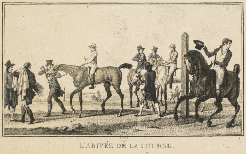 Racing Scenes: A Horse Arriving at the Race (Scènes Hippiques: Cheval arrivant de la chasse). Creator: Carle Vernet (French, 1758-1836); Jazet and Aumont.