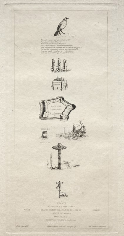 Rebus: "Beranger was not really strong for he never had the key to the fields", 1863. Creator: Charles Meryon (French, 1821-1868).