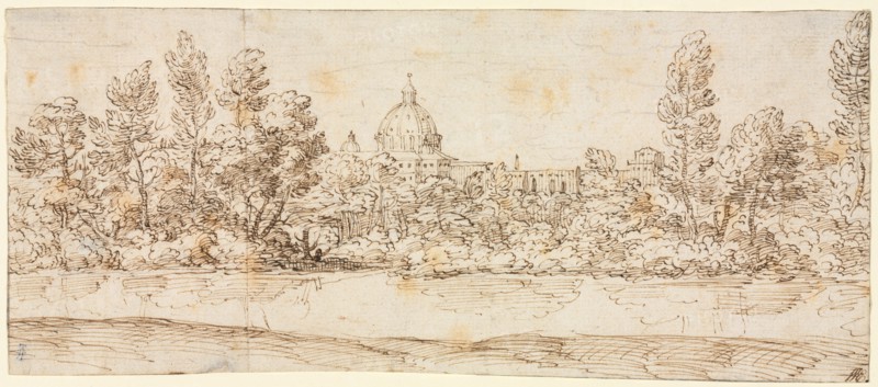 River Landscape with View of St. Peter's Basilica, after 1660. Creator: Giovanni Francesco Grimaldi (Italian, 1606-1680), circle of.